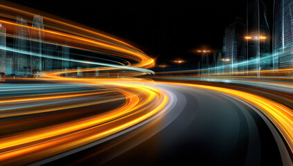 Fototapete - Dynamic city highway at night, illuminated by fast-moving vehicle light trails creating vibrant orange and blue streaks against a backdrop of modern skyscrapers. : Generative AI