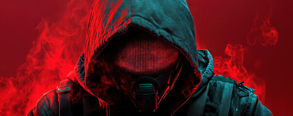 A man in a hoodie is surrounded by smoke and fire. The image has a dark and ominous mood, with the man's face obscured by the hood and the red background. The smoke and fire create a sense of danger