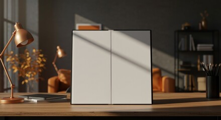 Elegant mockup featuring a book standing vertically on a wooden desk surface