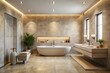 © Pluto - Luxurious Modern Bathroom Design with Freestanding Tub and Floating Vanity Featuring Subtle Lighting and Earthy Tones