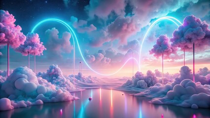 Wall Mural - Ethereal Dreamscape  Neon Arcs Illuminating a Surreal Cloud-Covered Landscape with Glowing Pillars and a Calm Reflective Water Body