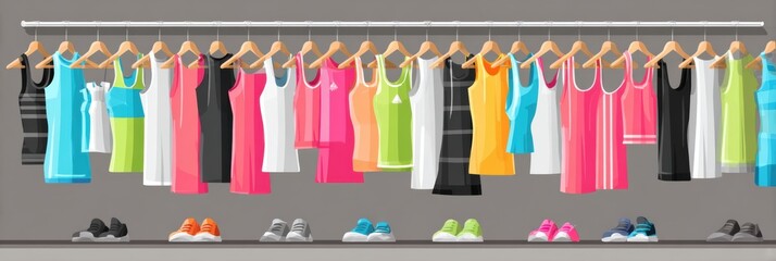 Aufkleber - Stylish Workout Outfits for Males and Females on Hangers in a Well-Lit Space, Showcasing a Range of Colors and Designs