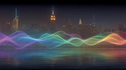 Wall Mural - nyc nightscape rainbow wave energy.