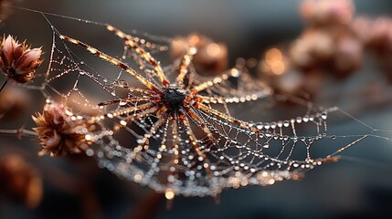Morning dew on spider web in nature macro photography closeup view of delicate details