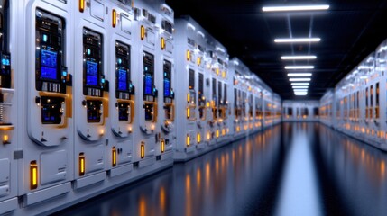 Leinwandbilder - A long hallway with many white computer servers