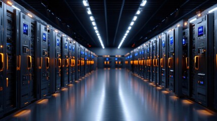 Poster - A large room with many computer servers