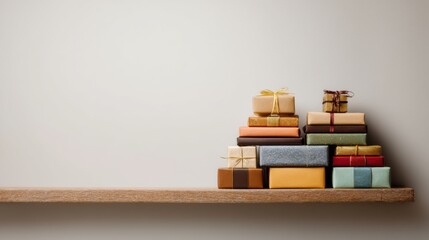 Aufkleber - Gift Presents Stacked on a Minimal Shelf With Large Negative Space Above Creating an Elegant Atmosphere