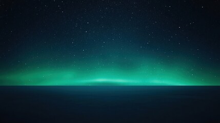 Wall Mural - A serene night sky filled with stars and a glowing green aurora above a calm, dark ocean horizon.