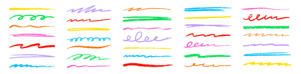 Aufkleber - Line color pencil brush kid set. Color chalk pastel pencil underline scribble brush stroke set for kid design. Hand drawn wavy marker underline highlight element. Vector illustration