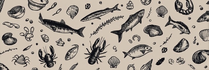 Poster - Hand-drawn Seafood Icons Scattered on a Neutral Background Create a Charming Ocean-Inspired Design Filled With Diverse Marine Life