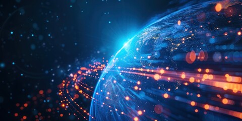 a blue and orange light trail forming a spiral pattern around a glowing blue planet with a black bac