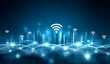 © Earny - Digital network concept with wireless signals and urban skyline design, showcasing the connection of modern technology and innovation.