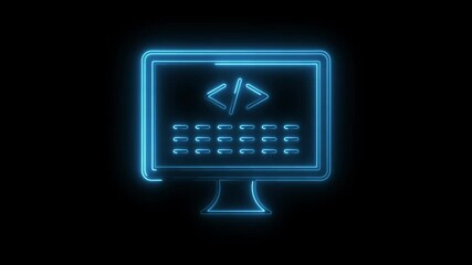 Neon computer screen with code brackets software development and digital technology glowing design