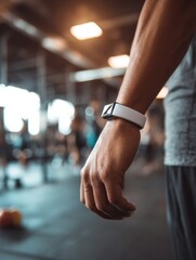 Aufkleber - Muscular Wrist Adorned With Fitness Tracker in a Busy Gym During an Active Workout Session