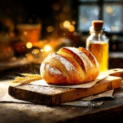 Poster - Artisanal Bread with Flour Dusting, Served on a Rustic Wooden Board with Wheat Stalks and Oil Bottle, Warm Bokeh Background