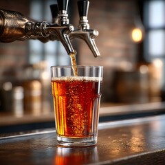 Leinwandbilder - Craft Beer Pour: Close-up of a golden beverage being dispensed into a glass, highlighting the pub's inviting atmosphere.
