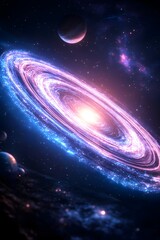 Wall Mural - A vibrant, swirling galaxy with multiple rings of light, surrounded by distant stars and planets