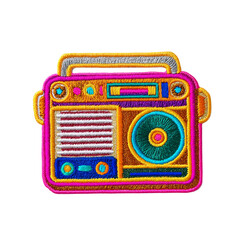 a colorful and whimsical embroidered patch depicting a vintage boombox. the patch features vibrant c