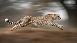 A cheetah sprints with blurred background, showing its incredible speed and powerful gracefulness.