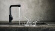 © aishale - Contemporary black faucet with water splashing on a concrete countertop.