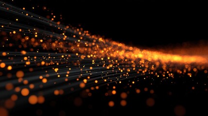 Dynamic particle system of glowing orange dots on black background representing advanced technology visualization, data flow and digital network connections.