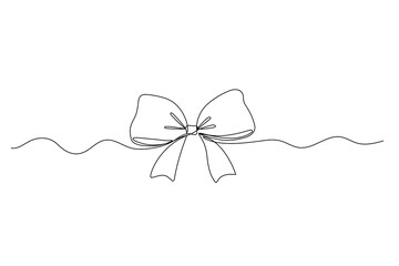 Coquette bow one line vector illustration, black line drawing on white, cute doodle ribbon