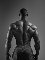 Aufkleber - Flexed Back Muscles Showcased in Black and White Highlighting Strength and Definition During a Fitness Session in a Gym Setting