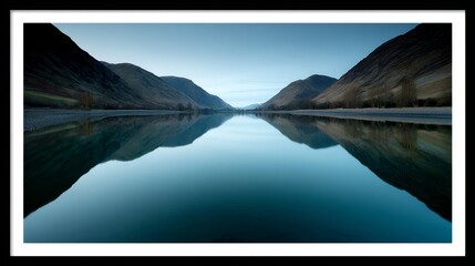 Poster - This tranquil wide shot captures a modern abstract blue mountain landscape, framed in three panels, with reflections in a still river at dawn