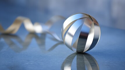 Poster - A shiny chrome orb with a silver ribbon-like band rests on a glossy black base, reflecting soft ambient highlights in an elegant, contemporary setting
