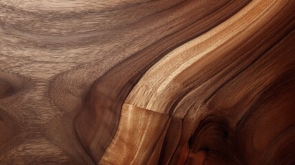 Poster - Intricate details of polished walnut wood showcase flowing natural patterns, beautifully illuminated by soft light against a clean backdrop, emphasizing its rich texture