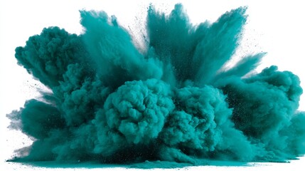 Aufkleber - A burst of teal powder dramatically explodes on a white backdrop, creating a striking visual effect perfect for modern industrial and festival design concepts