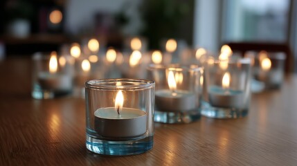 Poster - A cluster of scented tealight candles glows softly in the dim light, creating a tranquil atmosphere, with one candle in sharp focus amidst the blur