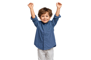Poster - Excited young boy celebrating with arms raised up, jumping and smiling, isolated on white background