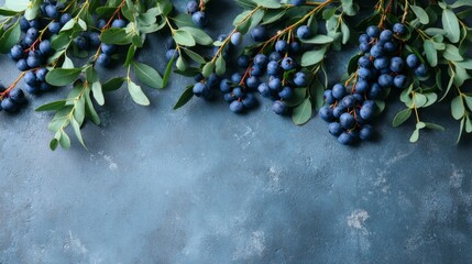 Aufkleber - Ripe blueberries and fresh green leaves are artistically arranged along the edges of a blue tabletop, creating an inviting space for additional content