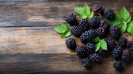 Aufkleber - Juicy blackberries with vibrant green leaves are arranged on a rough wooden plank, illuminated by natural light that enhances their texture and freshness