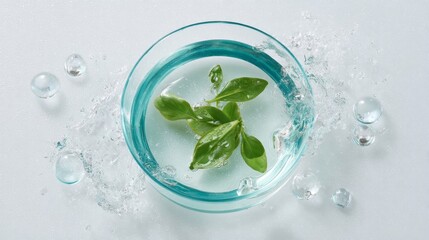 Poster - A delicate green leaf floats in a petri dish filled with water droplets, creating a serene composition against a reflective white background with space for text