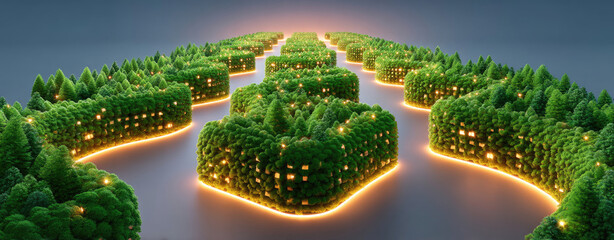 Lush green abstract cityscape with glowing lights and a curved layout