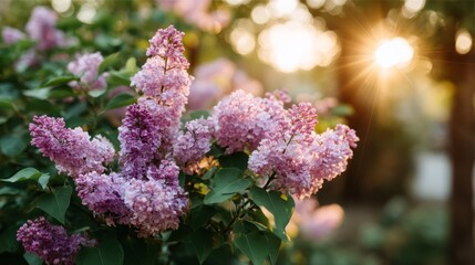 Poster - Clusters of vibrant lilac flowers are in full bloom, beautifully illuminated by morning light, creating a dreamy atmosphere with soft bokeh in the background