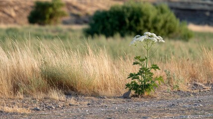 Poster - A tall leafy parsnip plant stands out in golden summer light, surrounded by blurred meadow textures and earthy tones, creating a serene outdoor atmosphere
