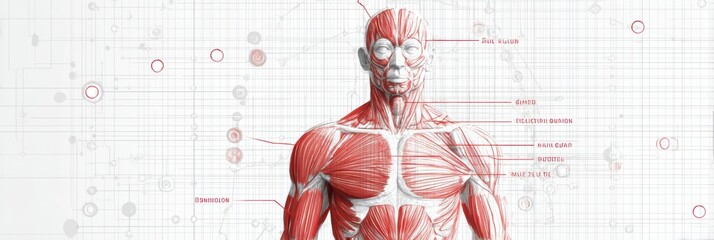 Poster - Detailed Illustration of Human Anatomy With Labeled Muscle Groups on a Grid Background for Educational Purposes