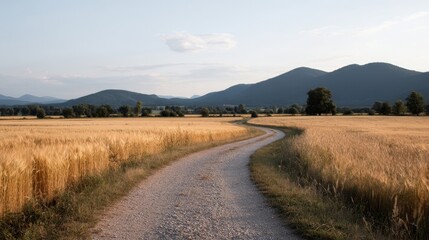 Poster - Golden hour light casts a warm glow over a barley field, while a gravel path winds through the landscape leading towards distant hills