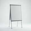 © ibrandify - Empty gray presentation flip chart with adjustable legs in a plain white background. Modern office equipment for presentations in a professional setting.
