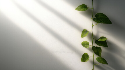 Poster - Creeper plant vine with green leaves climbing on white wall in soft sunlight, peaceful mood
