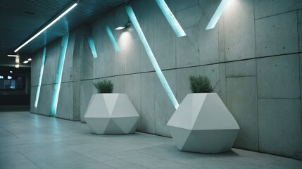 Aufkleber - Modern gallery space showcases geometric sculptures illuminated by teal lighting, creating an inviting atmosphere for art appreciation and exploration