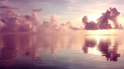 Aufkleber - A radiant sunrise creates pink and gold reflections on tranquil waters, with scattered clouds enhancing the serene beauty of the horizon during early morning