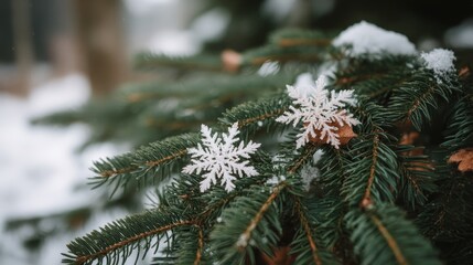 Poster - Close-up view of intricate snowflakes resting gently on evergreen needles showcases the serene beauty of a cold winter morning filled with tranquility