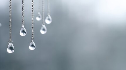 Aufkleber - Delicate water droplets hang in suspension against a soft gray backdrop, illustrating the essence of purity and natural molecular beauty with generous copy space