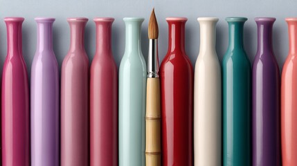 Aufkleber - A row of colorful pigment bottles stands proudly, showcasing a bamboo brush ready for artistic endeavors, perfect for any creative workspace or project