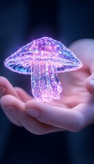 Wall Mural - A glowing, translucent mushroom-shaped object rests in an open hand