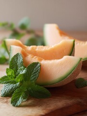 Poster - Freshly Sliced Melon With Mint Leaves Arranged on a Wooden Table, Creating a Refreshing and Vibrant Summer Display